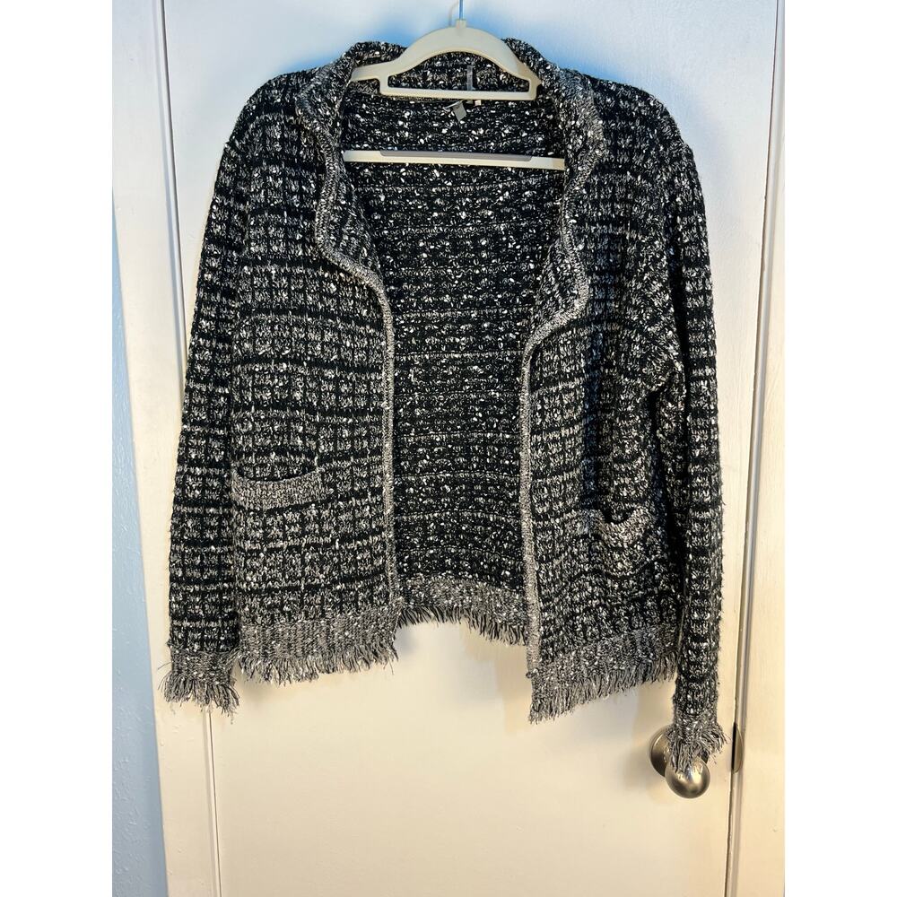 Sioni Tweed Shacket Medium Black White Fringe Trim Twee Academia Office
